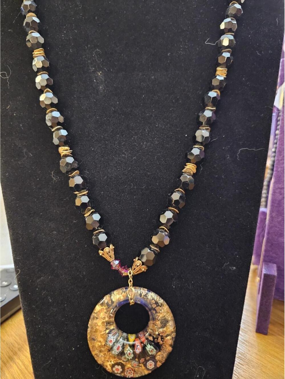 22" Black Faceted Bead Gold Tone Millefiori Donut Pendant Necklace Toggle Clasp